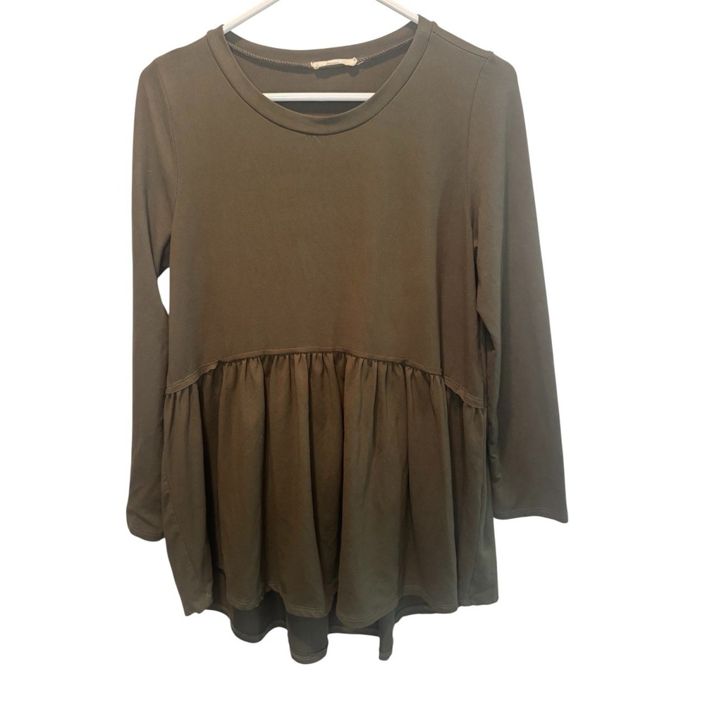 Entro Womens Olive Green Babydoll Peplum Long Sleeve Tunic Top Small Chic